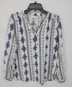 Ann Taylor Loft Top Damen Medium weiß blau Azteken Tribal Popover Southwest - Bild 1 von 7