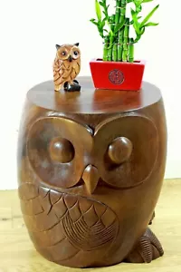 Wooden Owl plant lamp stand side table stool hand carved Acacia 16" Dark Brown - Picture 1 of 8