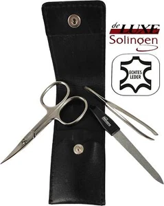 3-teiliges Solingen Maniküre Set mit Leder Etui, Nagelschere, Feile, Pinzette - Bild 1 von 4
