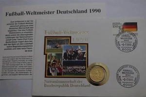 🧭 🇩🇪 GERMANY 1 MARK 1989 J GOLD PLATED SOCCER WORLD CUP 1990 COVER B62 #128 - Picture 1 of 5