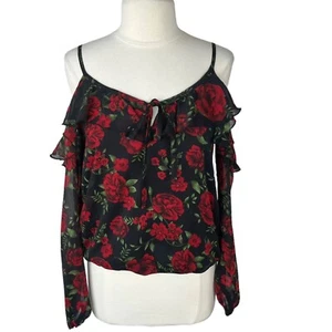 Disney Pixar CoCo Blouse Shirt Womens Medium Black Red Floral Cold Shoulder - Picture 1 of 9