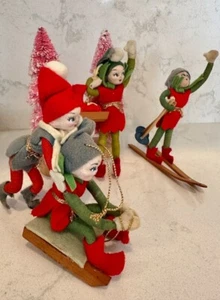 SET VINTAGE 4 ELFI PIXIE 3 ORNAMENTI ALBERO DI NATALE sci sportivo, slitta, pattini da ghiaccio - Foto 1 di 10