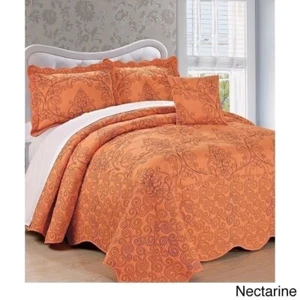 Orange Navy Blue Embroidered 4 pc Quilt Set Coverlet Queen King Bed Bedspread - Picture 1 of 2