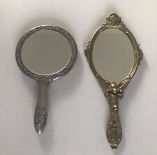 2 x Antique Vintage Solid Brass 30cm & Pewter 25cm Hand Mirrors Angel Flowers