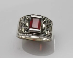 Sterling Silver Garnet in Marcasite Setting 925A Ring, Size 7.5 - Picture 1 of 6