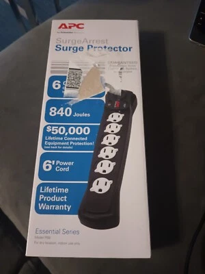SURGE PROTECTOR 6 Outlet AC POWER STRIP 840 joules BLACK SurgeArrest APC P6B - Image 1 of 4