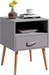 Comodino con Cassetto e Scomparto Aperto - 42 x 42 x 56 cm - Grigio - Gambe in Legno - Foto 1 di 8