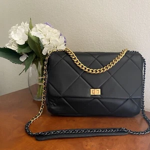 Real Leather | Black Flap Quilted Bag Ombre Chain Crossbody Purse *READ 2 - Picture 1 of 11