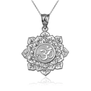 Collar Colgante Mandala Om Lotus Oro Blanco 10K - Imagen 1 de 6