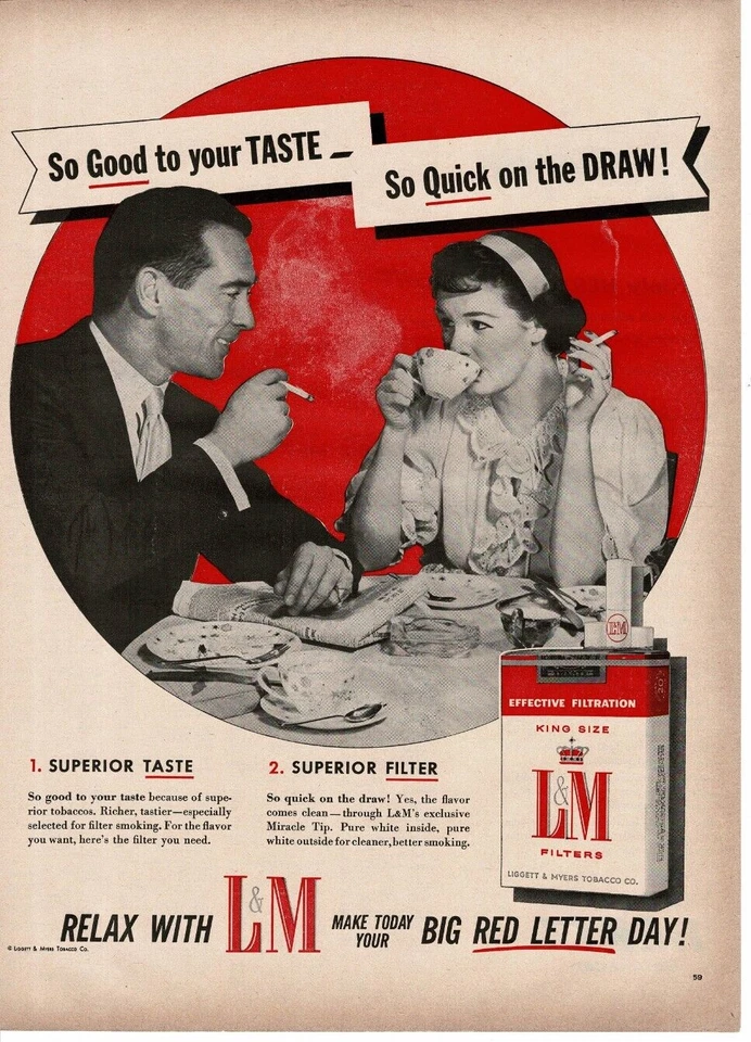1956 L&M Cigarettes esposo esposa hablando sobre el café desayuno anuncio impreso vintage Foto 1 de 1