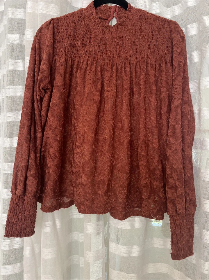 Anthropologie Deletta Amanna 蕾丝缩褶燃烧橙色 S 码长袖上衣 #C — 第 1/4 张图片