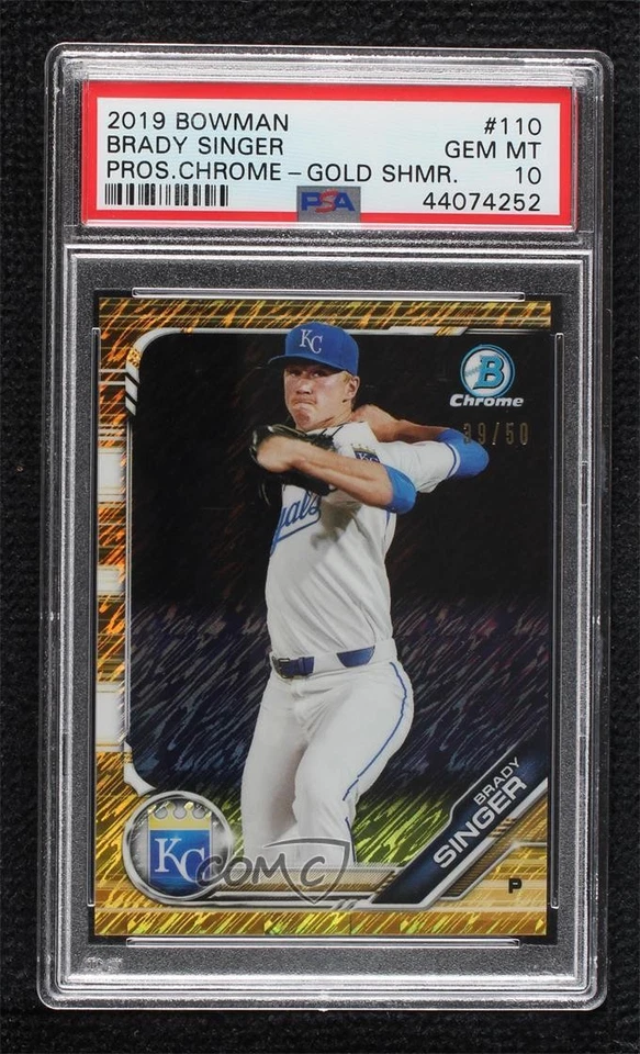2019 Bowman Chrome Prospects Gold Shimmer Refractor /50 Brady Singer PSA 10 - Image 1 of 2