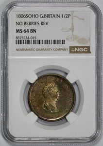 1806 SOHO Great Britain 1/2P Half Penny NGC MS 64 BN No Berries Reverse - Picture 1 of 4