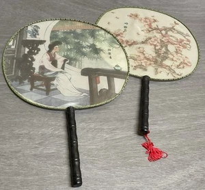 2 Vtg Japanese Asian Oriental Silk Screen Handheld Paddle Fan Hand Painted Siged - Picture 1 of 6