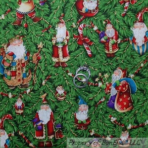 BonEful Fabric FQ Cotton Quilt Green Gold Xmas Tree Red White Candy Cane Santa S - Picture 1 of 7