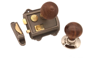 Victorian Style Rim Lock Latch + Rosewood Wooden Beehive or Bun Knobs Nickel Set - Picture 1 of 7