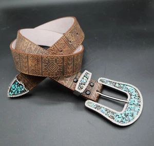 Angel Ranch Western BLING Cinturón Cuero Turquesa Hebilla Repujado Marrón Azteca L - Imagen 1 de 13