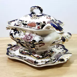 Mason's MANDALAY-Blue Sauce Tureen + Underplate/Ladel/Lid -Lovely Set-Exc. Cond - Picture 1 of 22