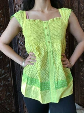 Boho Gypsy Hippy Yellow Blouse Ruched Printed Top Sleeveless Cotton Tunic TOPS M