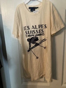 NWT Ralph Lauren SS Cream T/shirt In Navy Led Aloes Suisses & Downhill Skier XS - Picture 1 of 3