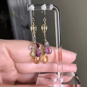 14K Solid Multi-Gemstone Earrings Citrine Amethyst Peridot Natural Briolette - Picture 1 of 7
