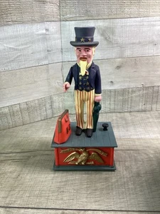 Vintage Uncle Sam Mechanical Coin Bank Savings Plastic Working America Flag - Picture 1 of 5