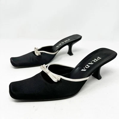 Prada Vintage Mules Negro Satinado Gatito Tacones Arco Acento Talla 36.5 Foto 1 de 4