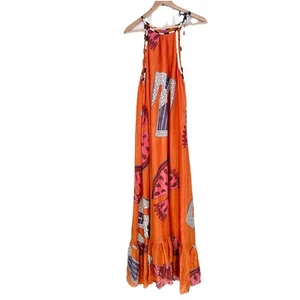 Anthropologie Anupamaa Mae Silk Maxi Dress Orange Vibrant Print Ruffle Bottom S - Picture 1 of 15