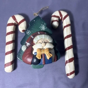Christmas Santa Papier-Mâché Ornament Box Primitive With (2) Wood Candy Canes ￼ - Picture 1 of 9