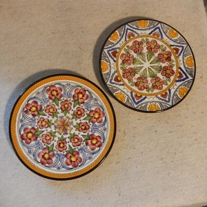 C Pair 2 CERAMAR Spain Hand Painted 7" Plates Blue Yellow Wall Hanging Spanish - Picture 1 of 9