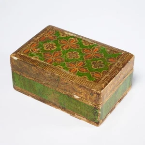 Florentia Wood Gilded Trinket Box Green Floral Design Hand Made in Italy - Picture 1 of 7