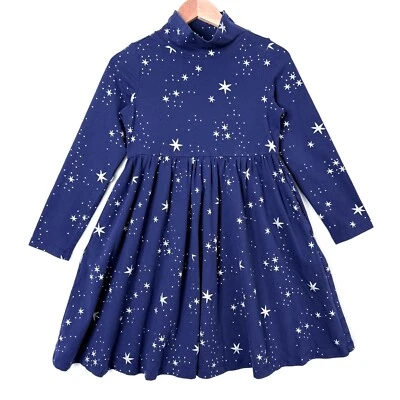 Hanna Andersson Turtleneck Long Sleeves Stars Skater Dress Girls 8 Blue Silver - Image 1 of 4