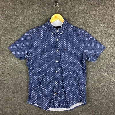 Tommy Hilfiger Mens Shirt S Blue Polka Dot Short Sleeve Button Down Cotton Logo - Image 1 of 4