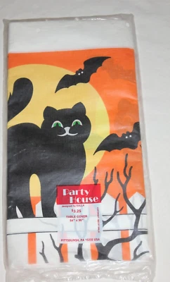 VTG 1983 Halloween Party Paper Tablecloth 54” X 96” black Cat Kalla bats trees - Image 1 of 4
