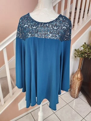 Top túnica ALFANI azul verdoso lentejuelas cuello redondo manga larga campana elástica swing 1X  Foto 1 de 4