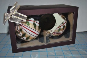 New PRUS FAMILY S/2 BALL 3.5" Holly Berries Glass Xmas Ornament Jeweled Gold 24K - Picture 1 of 4