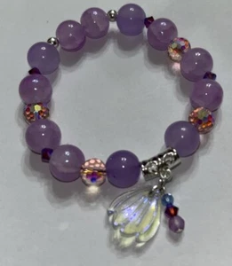 Lavender Crackling Shimmering Glass Beaded Stretch Bracelet 6” - Picture 1 of 2