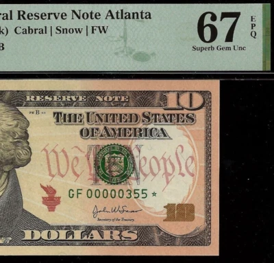 2004A $10 Federal Reserve Note Atlanta PMG 67EPQ 3rd finst low serial Fr 2039-F* - Image 1 of 3