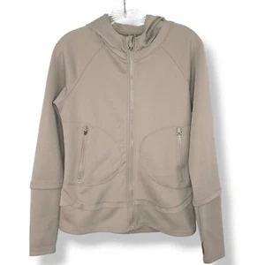 BcbgMaxazria Athletic Full Zip Hooded Jacket Beige Thumb Holes Size Small - Picture 1 of 7