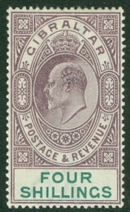 SG 53 Gibraltar 1903. 4/- dull purple & green. Fine mounted mint CAT £150 - Picture 1 of 2