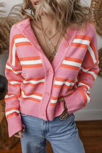 Pink Stripe Drop Shoulder Buttons Cardigan Sweater - Picture 1 of 8