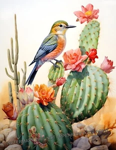 Vermilion Flycatcher Bird on Cactus Southwest Desert Giclée Art Print 8.5x11 - Picture 1 of 2