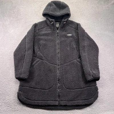 LL Bean Jacket Womens 1X Gray Mountain Pile Hooded Fleece Full Zip Long Coat - Image 1 of 4