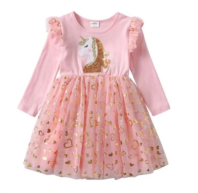 Vestido de festa Los Angeles Boutique ouro rosa unicórnio corações lantejoulas tutu tule 6-7 - Imagem 1 de 4