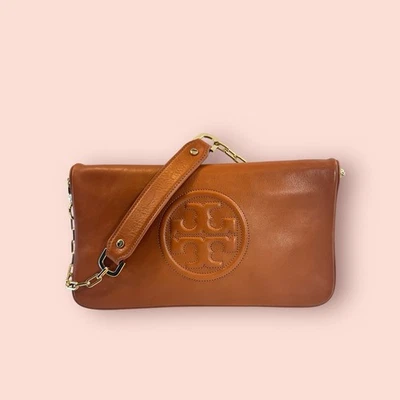TORY BURCH Bombe Reva Luxury Designer Brown Leather Shoulder Bag/Clutch EUC - Image 1 of 4