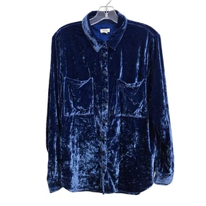 Anthropologie Pilcro Relaxed Velvet Button Down Shirt Top Blouse Size M Blue EUC - Picture 1 of 10
