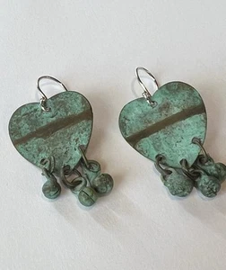 Vintage Sterling & Green Patina Brass Heart Dangle Earrings 1.75” Southwest Boho - Picture 1 of 6