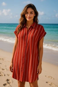 Orange and white striped cotton blend midi dress with a button-up front size L - Picture 1 of 11