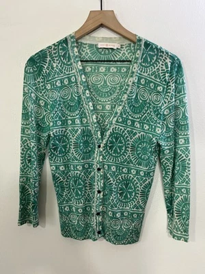 Cárdigan Suéter Tejido Estampado Geométrico Lana Tory Burch M Boho Art Resort Lujo Foto 1 de 4