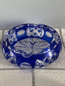 Vintage Czech Bohemia COBALT BLUE Ashtray CUT TO CLEAR CRYSTAL - Picture 1 of 10